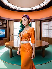 A geisha looking 28 year old Malaysian woman in an orange wedding dress on a TV news set