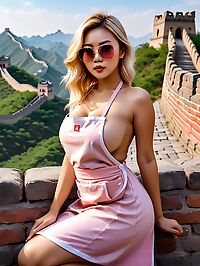 Mongolian girl with big breasts and a nice perky butt stands on the Great Wall of China